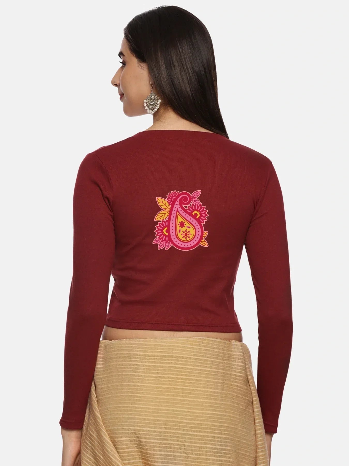 Women Back Printed Stretchable Full Sleeve V Neck RIB Blouse U0218 - notyetbyus