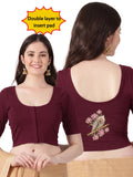 Women Front Open Back Printed Stretchable Half Sleeve Blouse U0262 Maroon
