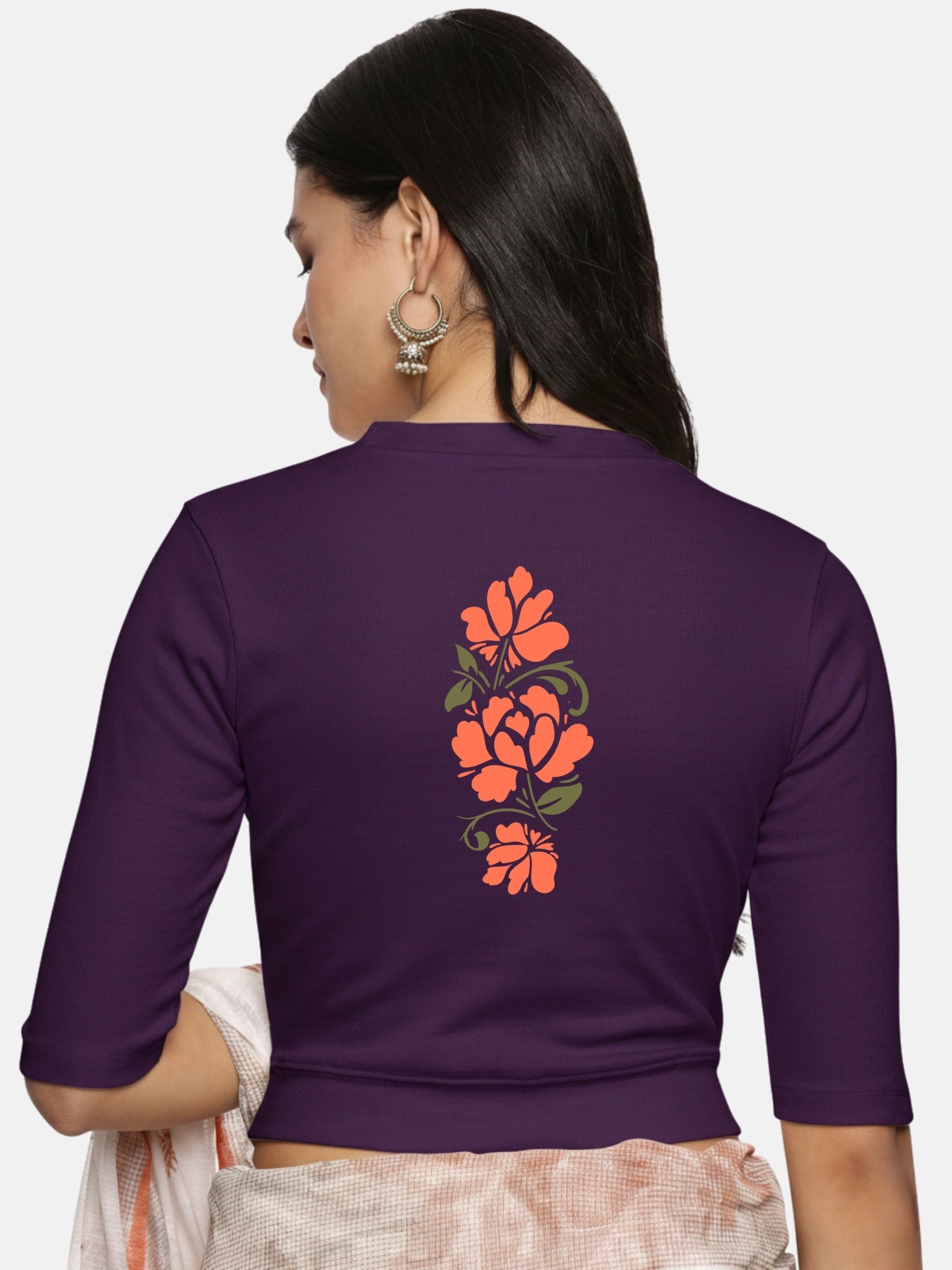 Women Back Printed Stretchable Elbow Sleeve RIB Blouse U0118 - notyetbyus