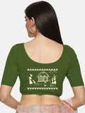 Women Back Printed Stretchable Half Sleeve Blouse U06 Mehndi Green
