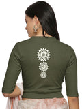 Women Back Printed Stretchable Elbow Sleeve RIB Blouse U0170 Olive Green