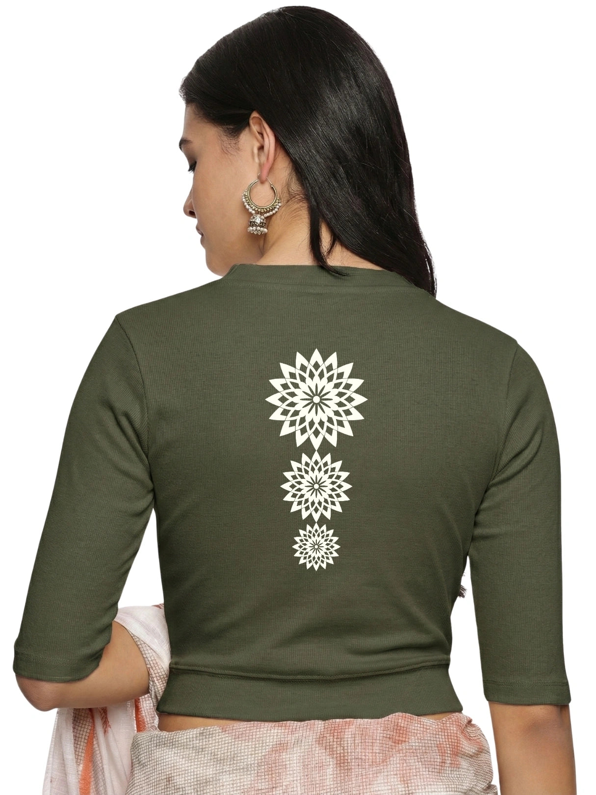 Women Back Printed Stretchable Elbow Sleeve RIB Blouse U0170 Olive Green