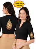 Women Mandarin Collar Back Printed Stretchable Elbow Sleeve Blouse U0279 Black
