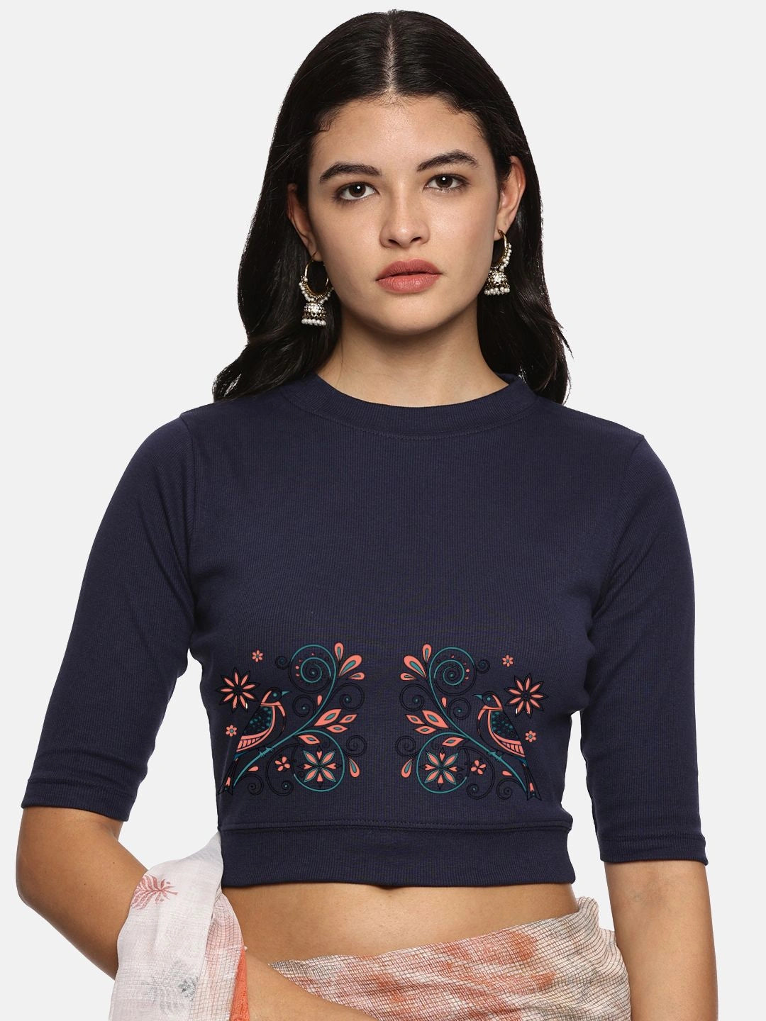 Women Back Printed Stretchable Elbow Sleeve RIB Blouse U0156