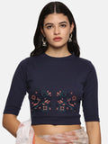 Women Back Printed Stretchable Elbow Sleeve RIB Blouse U0156 Navy