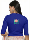 Women Back Printed Stretchable Elbow Sleeve RIB Blouse U0155  Royal Blue
