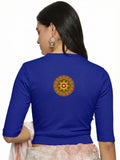 Women Back Printed Stretchable Elbow Sleeve RIB Blouse U0129R Royal Blue