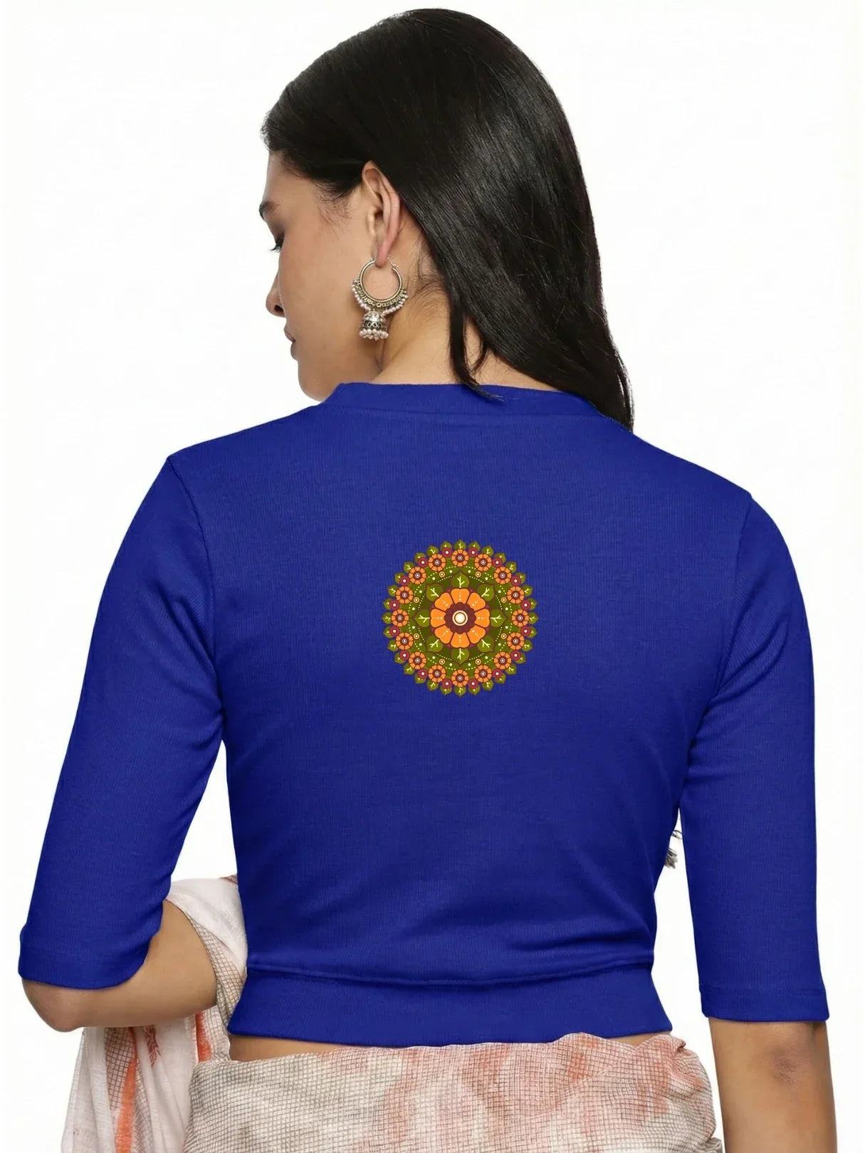 Women Back Printed Stretchable Elbow Sleeve RIB Blouse U0129R - notyetbyus