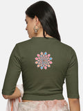 Women Back Printed Stretchable Elbow Sleeve RIB Blouse U0168 Olive Green
