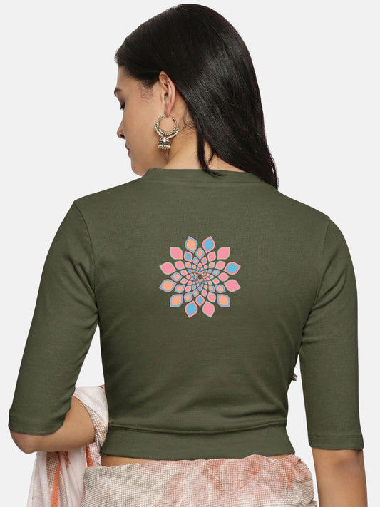 Women Back Printed Stretchable Elbow Sleeve RIB Blouse U0168 Olive Green