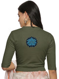Women Back Printed Stretchable Elbow Sleeve RIB Blouse U0169 Olive Green