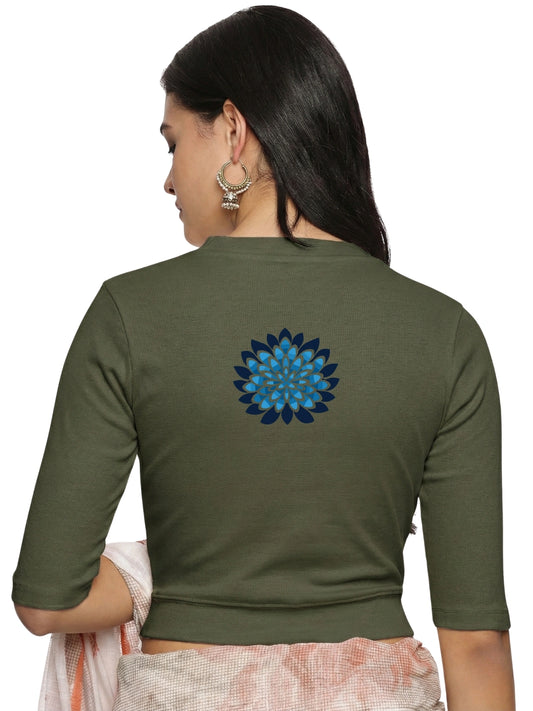 Women Back Printed Stretchable Elbow Sleeve RIB Blouse U0169 Olive Green