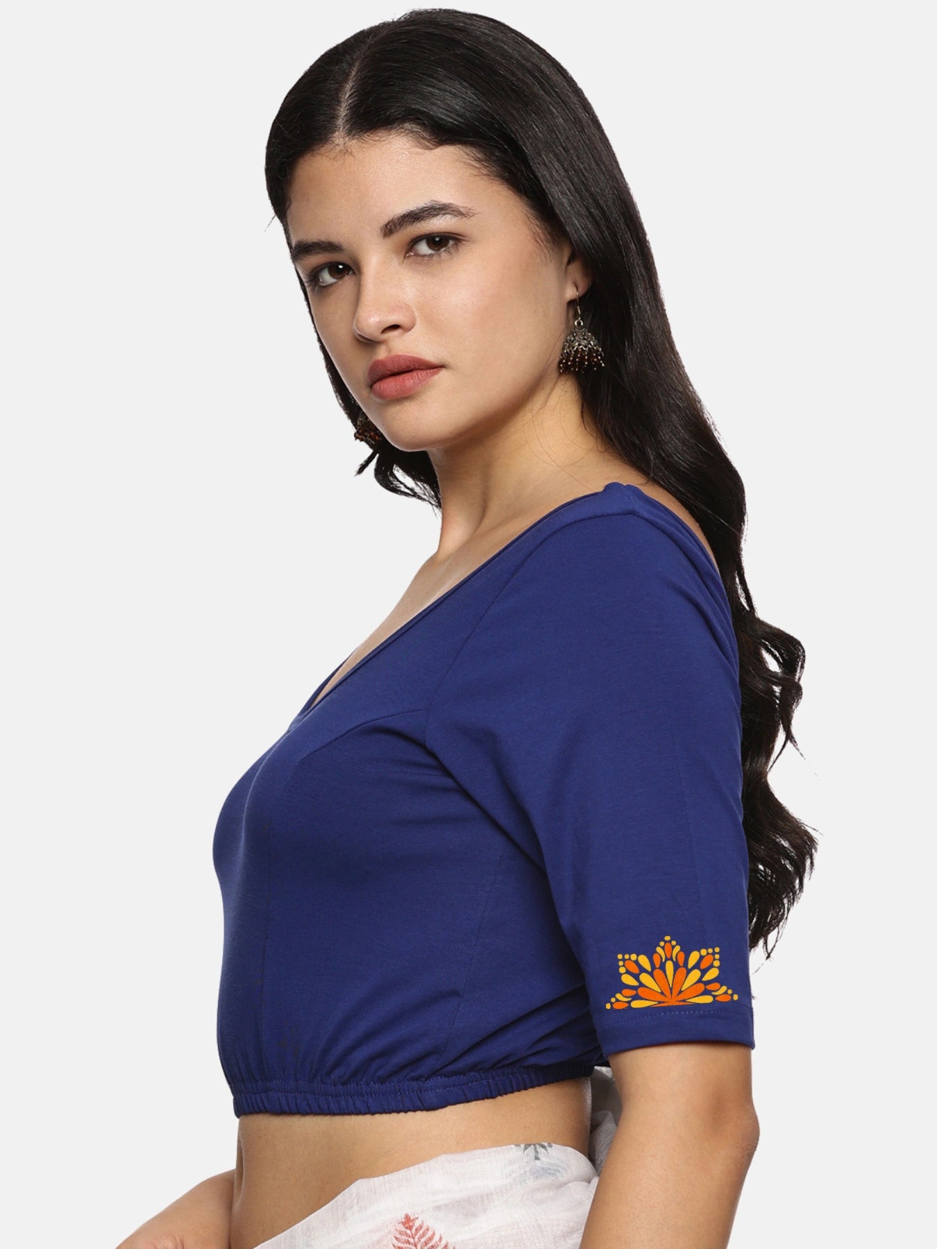 Women Back Printed Stretchable Half Sleeve Blouse U0175 Royal Blue