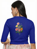 Women Back Printed Stretchable Elbow Sleeve RIB Blouse U0171 Royal Blue