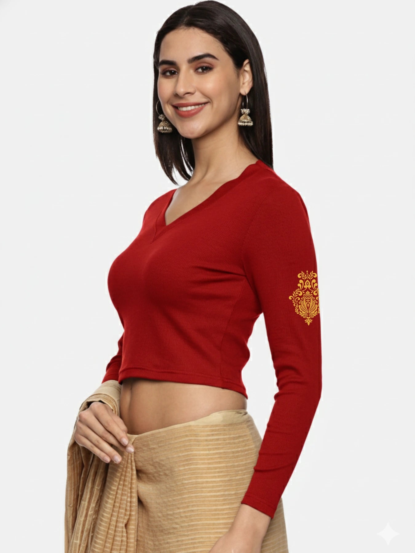 Women Back Printed Stretchable Full Sleeve V Neck RIB Blouse U0189 Burgandy