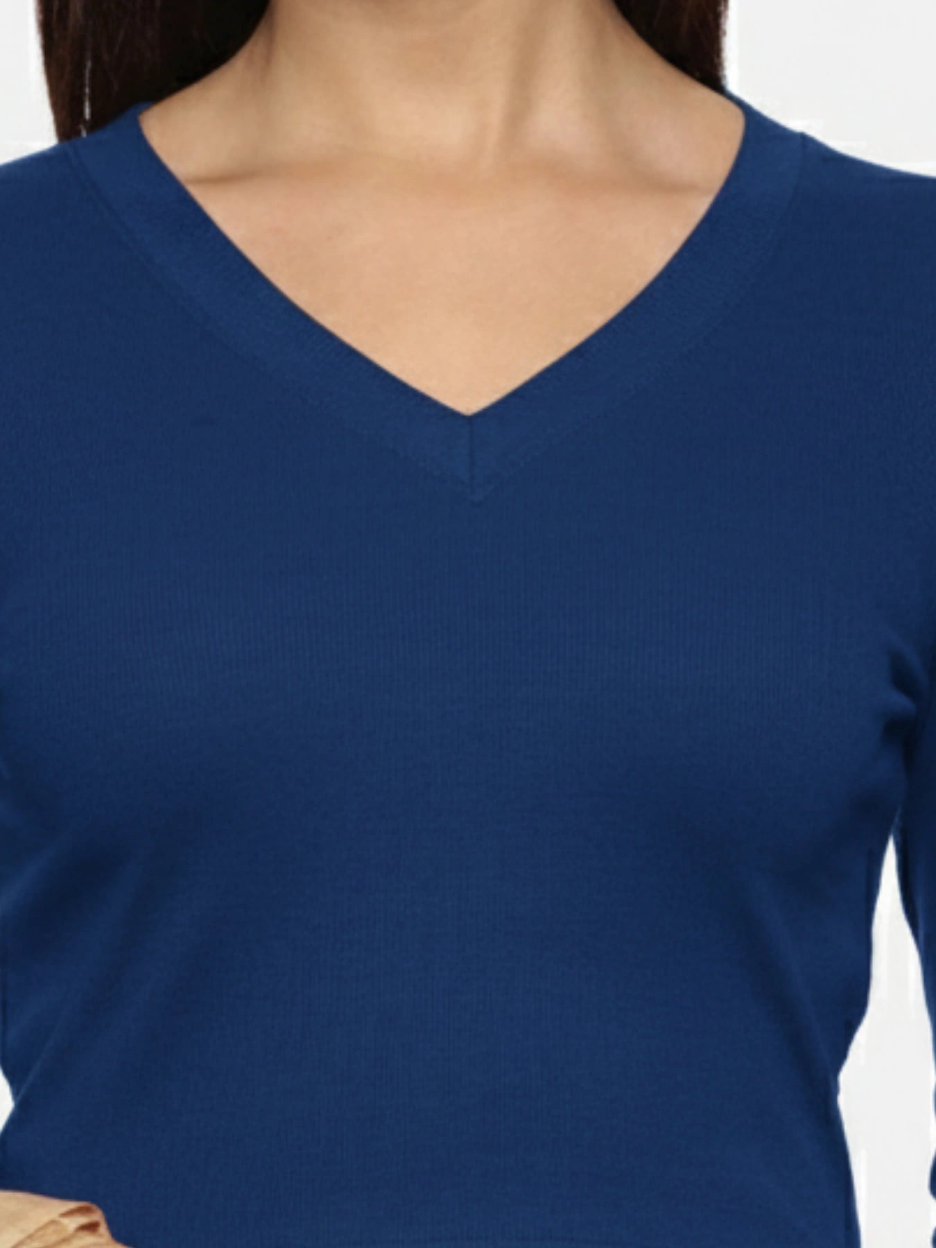 Women Plain Stretchable Full Sleeve V Neck RIB Blouse U0191 Royal Blue