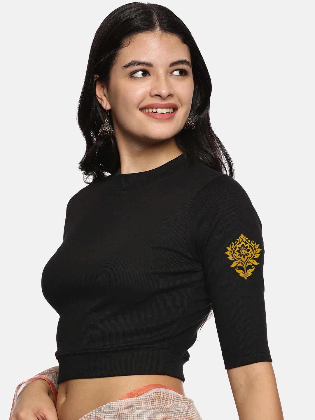 Women Back Printed Stretchable Elbow Sleeve RIB Blouse U0116 - notyetbyus