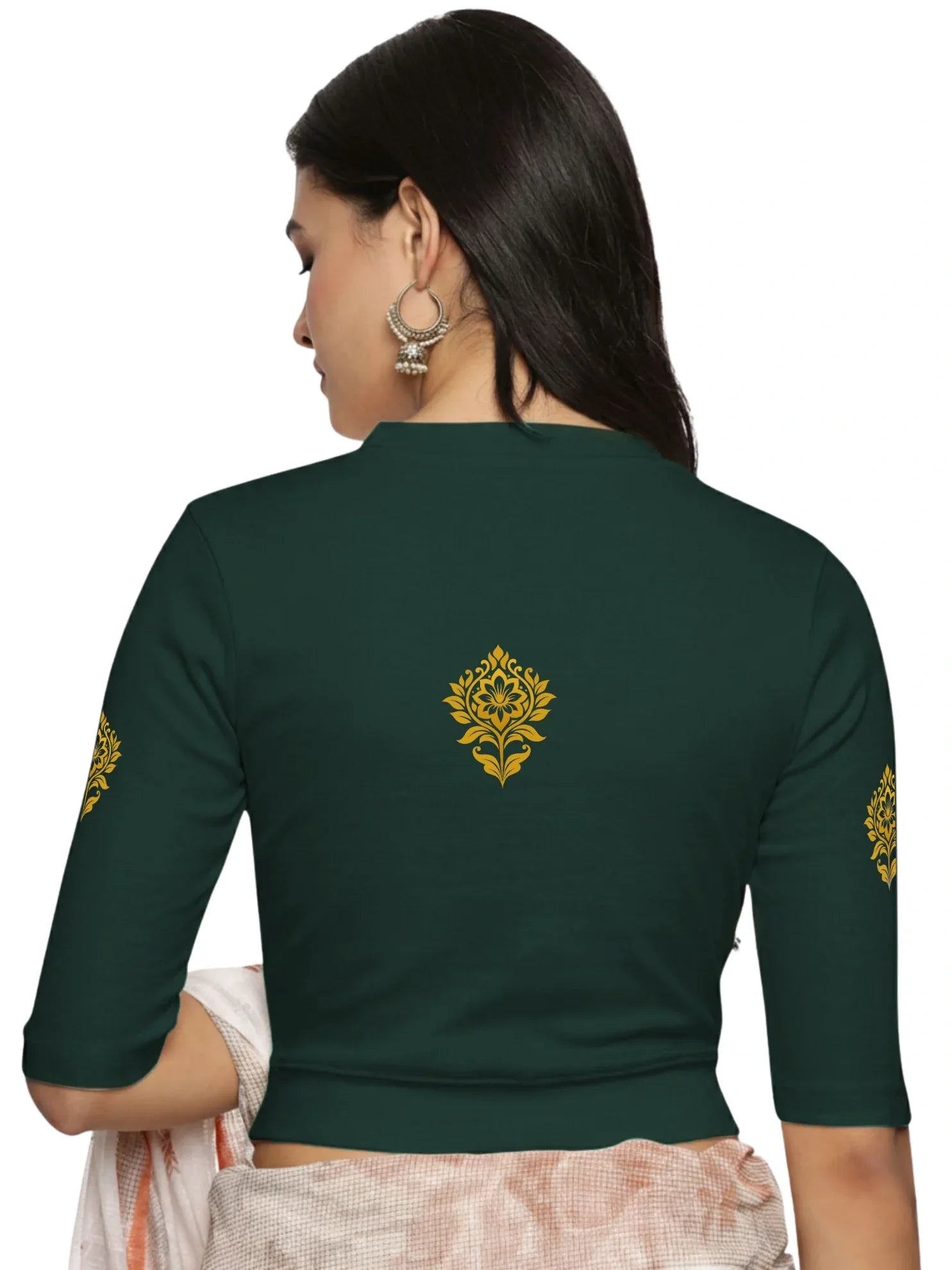 Women Back Printed Stretchable Elbow Sleeve RIB Blouse U0116 - notyetbyus