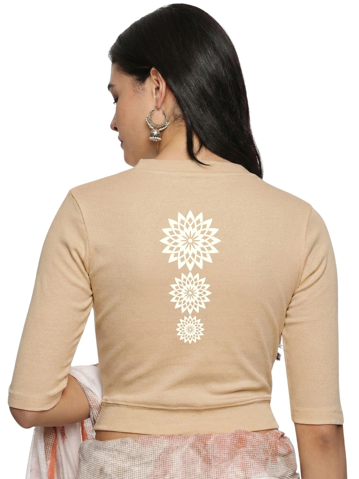 Women Back Printed Stretchable Elbow Sleeve RIB Blouse U0170 Chikoo