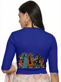 Women Back Printed Stretchable Elbow Sleeve RIB Blouse U0160 Royal Blue