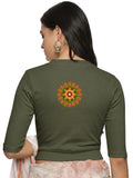 Women Back Printed Stretchable Elbow Sleeve RIB Blouse U0129R Olive Green