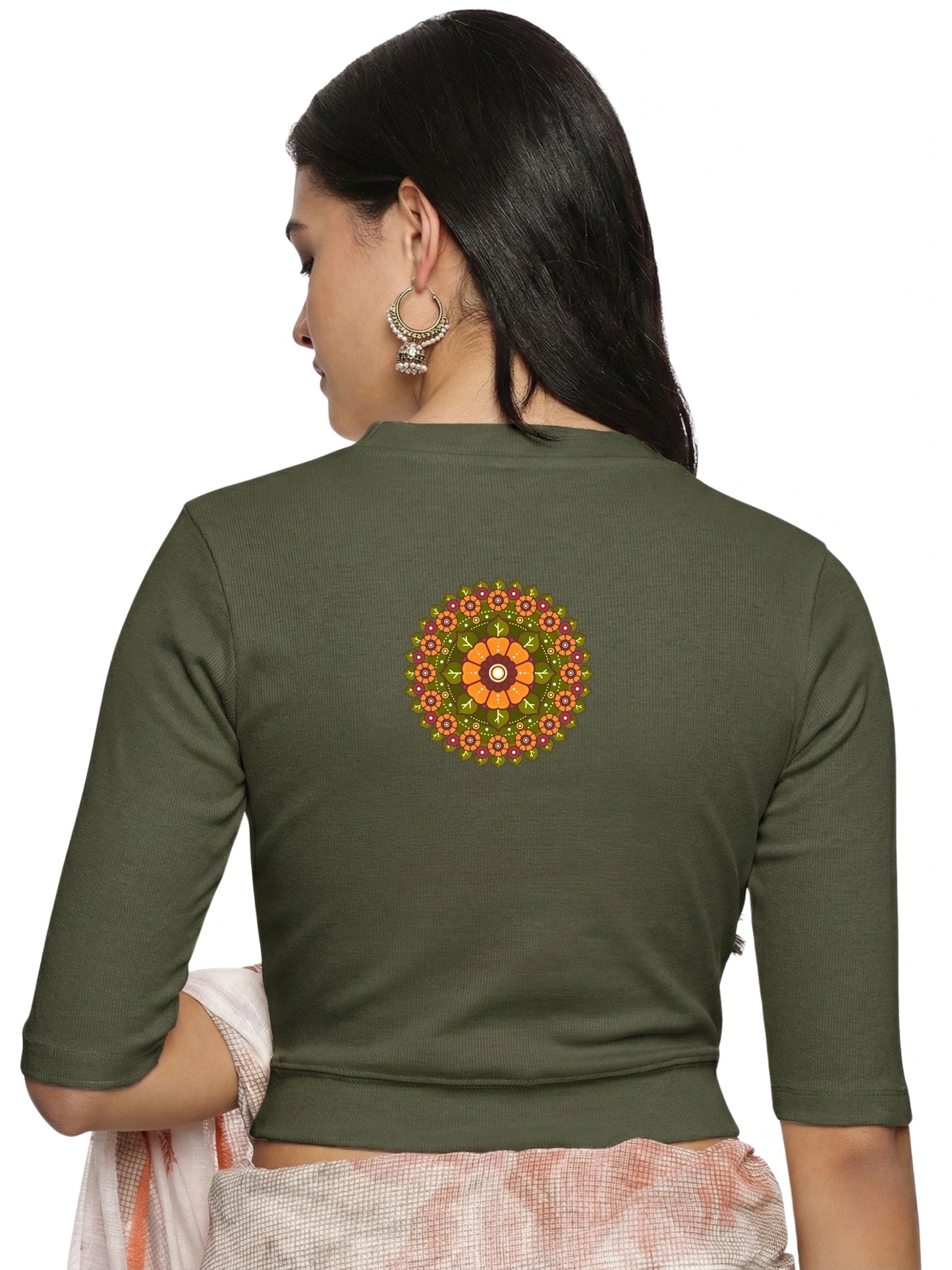 Women Back Printed Stretchable Elbow Sleeve RIB Blouse U0129R Olive Green