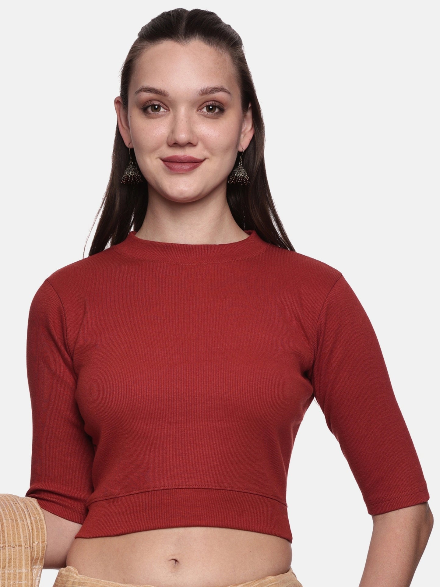 Women Back Printed Stretchable Elbow Sleeve RIB Blouse U0169 Terracotta Red