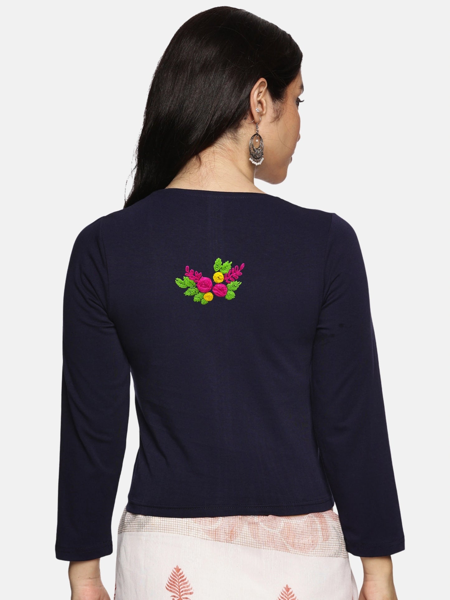 DIY Embroidery Kit with Women Stretchable Three Fourth Sleeve Blouse E01 – Navy
