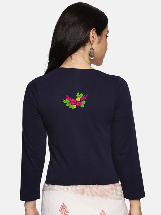 DIY Embroidery Kit with Women Stretchable Three Fourth Sleeve Blouse E01 – Navy