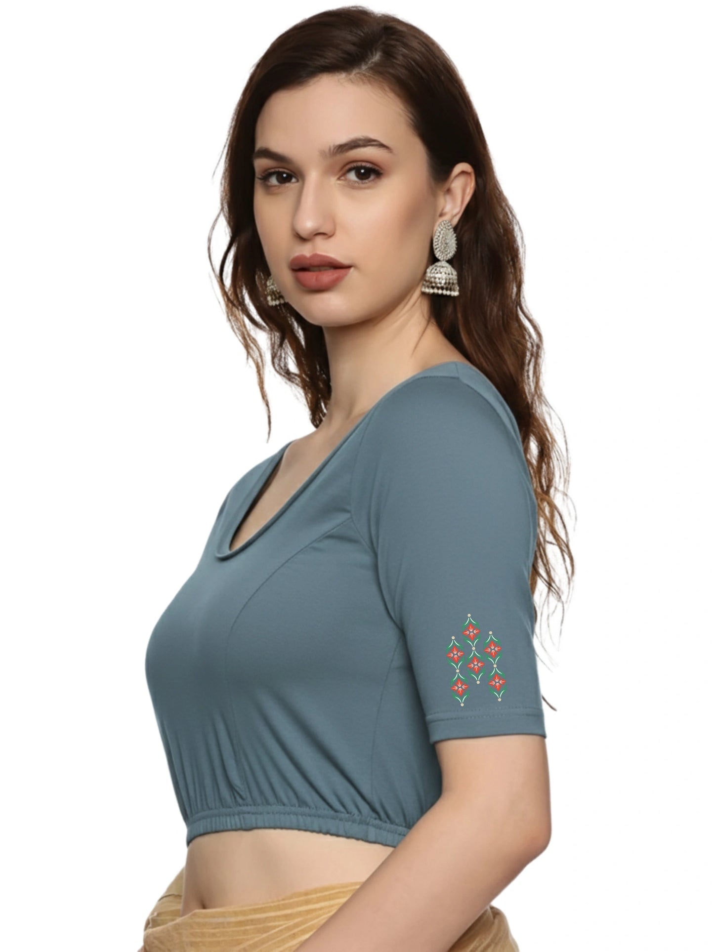 Women Back Printed Stretchable Half Sleeve Blouse U0178 Elephant Grey