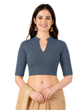 Women Mandarin Collar Plain Stretchable Elbow Sleeve Blouse U0271 Elephant Grey