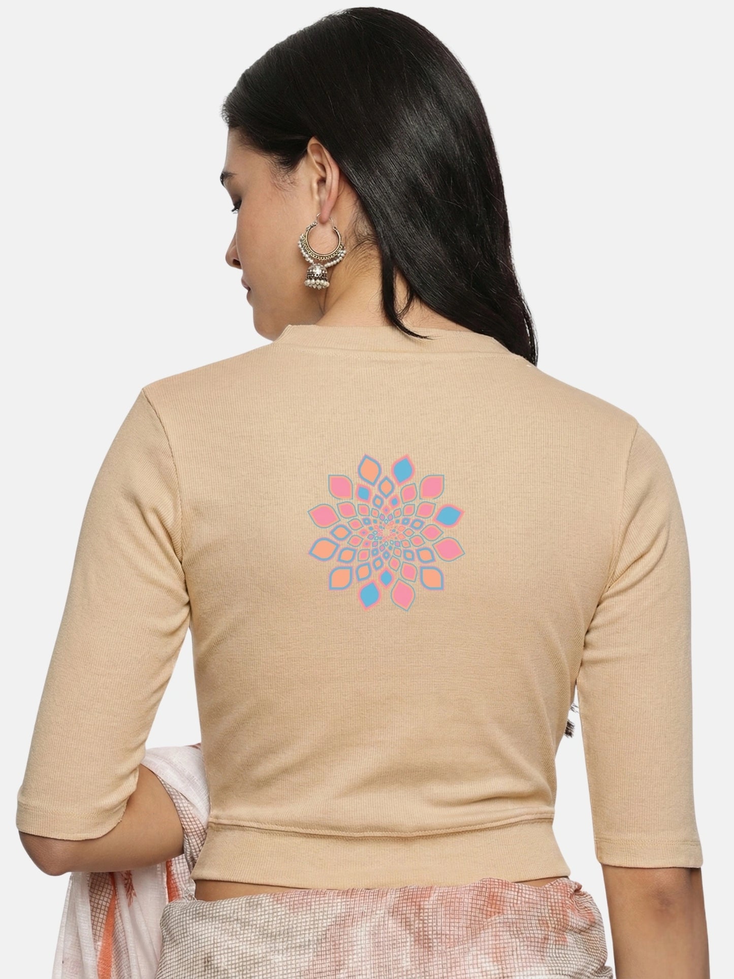 Women Back Printed Stretchable Elbow Sleeve RIB Blouse U0168 Chikoo