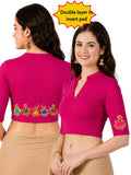 Women Mandarin Collar Back Printed Stretchable Elbow Sleeve Blouse U0281 Rani Pink