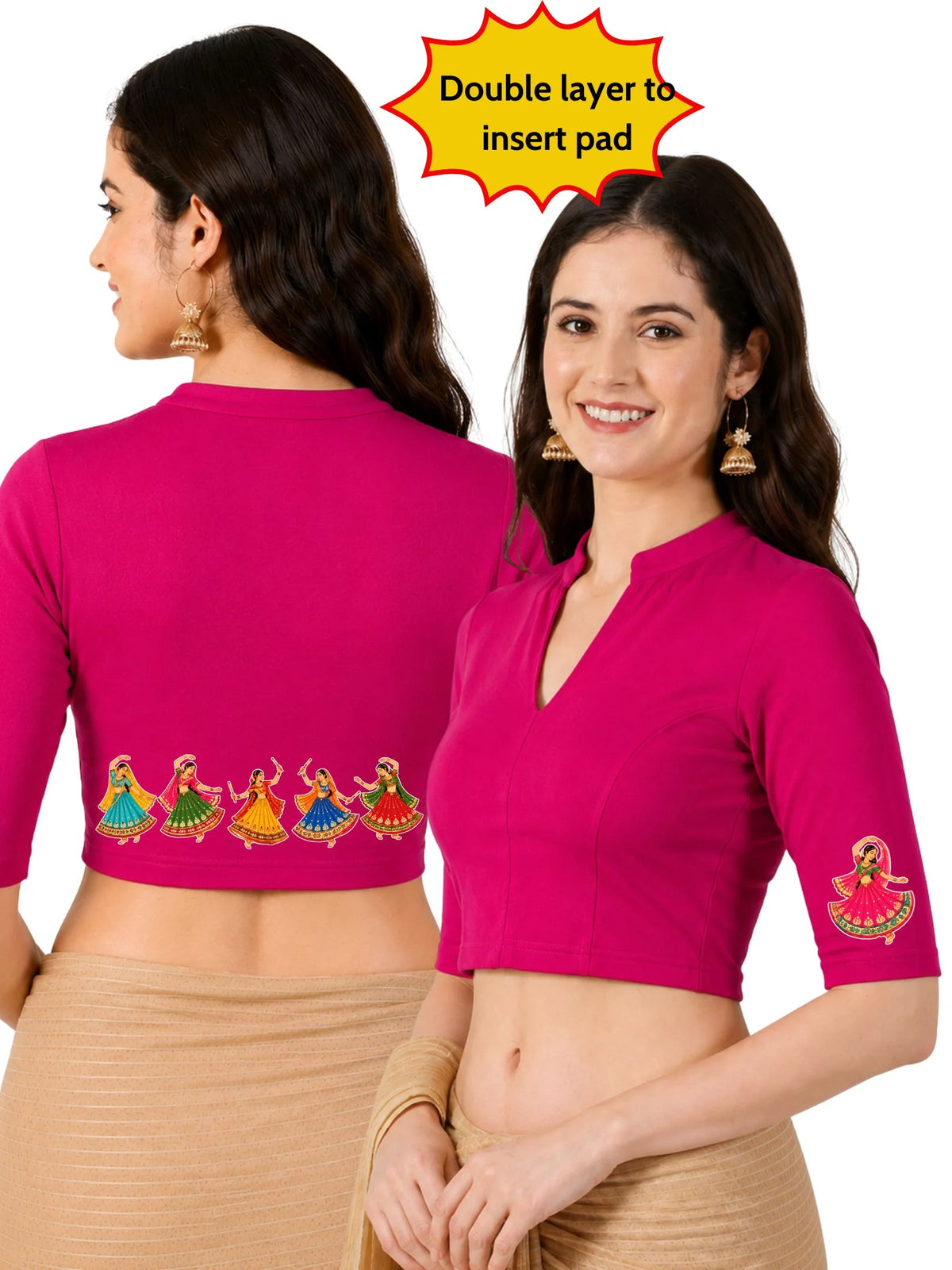 Women Mandarin Collar Back Printed Stretchable Elbow Sleeve Blouse U0281 Rani Pink