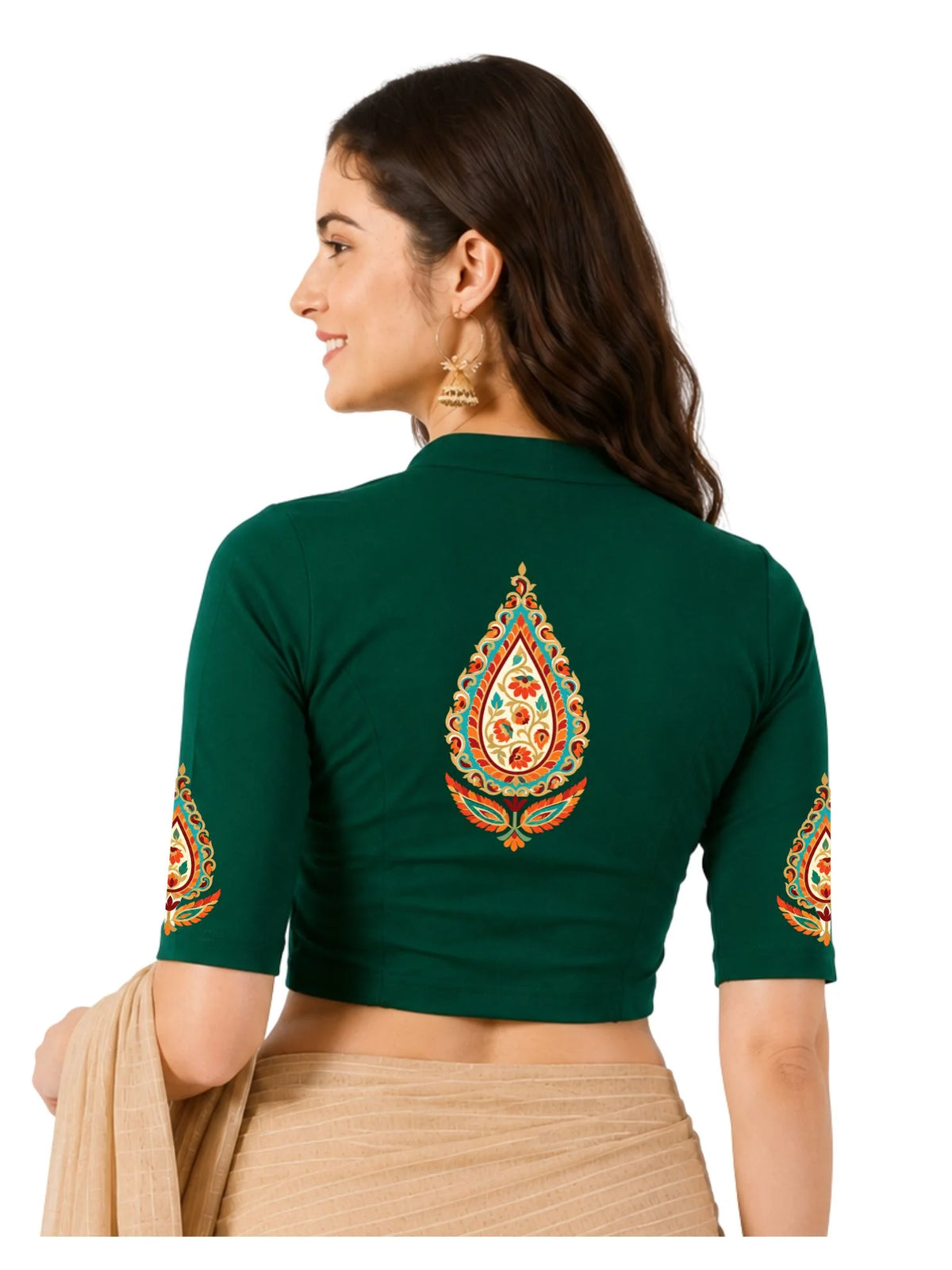 Women Mandarin Collar Back Printed Stretchable Elbow Sleeve Blouse U0279 Bottle Green