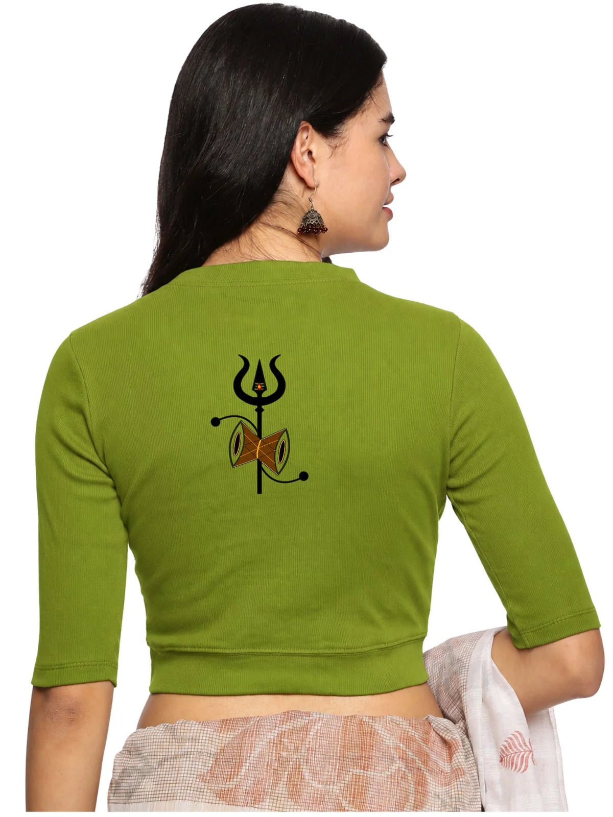 Women Back Printed Stretchable Elbow Sleeve RIB Blouse U0221 Dark Parrot Green