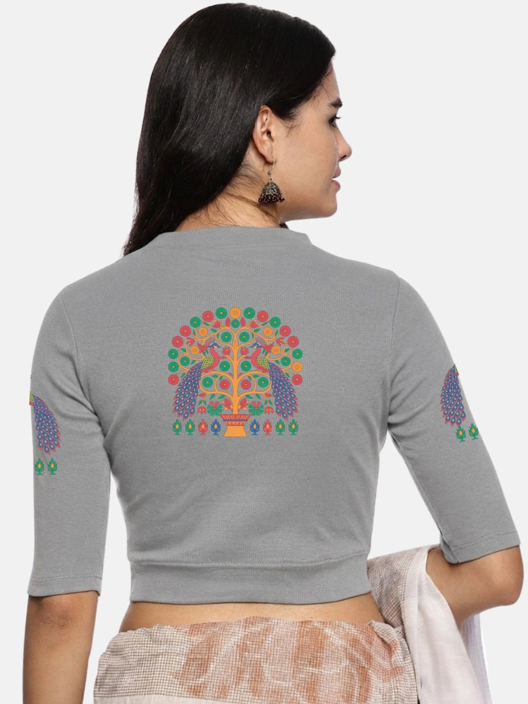 Women Back Printed Stretchable Elbow Sleeve RIB Blouse U0254 LT Steel Grey