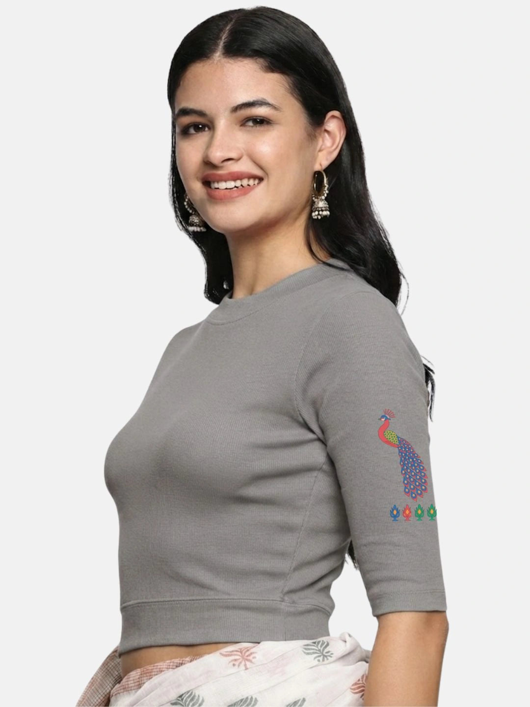Women Back Printed Stretchable Elbow Sleeve RIB Blouse U0254 LT Steel Grey