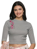 Women Back Printed Stretchable Elbow Sleeve RIB Blouse U0117 LT Steel Grey