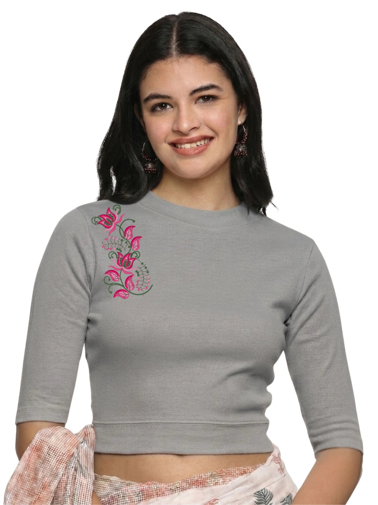 Women Back Printed Stretchable Elbow Sleeve RIB Blouse U0117 LT Steel Grey