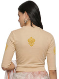 Women Back Printed Stretchable Elbow Sleeve RIB Blouse U0116 Chikoo