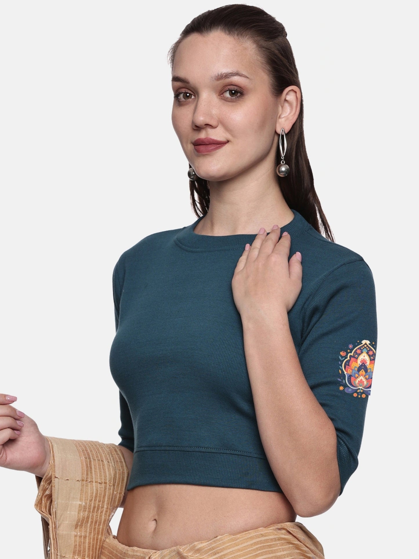 Women Back Printed Stretchable Elbow Sleeve RIB Blouse U0157 Teal Green