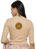 Women Back Printed Stretchable Elbow Sleeve RIB Blouse U0129R Chikoo