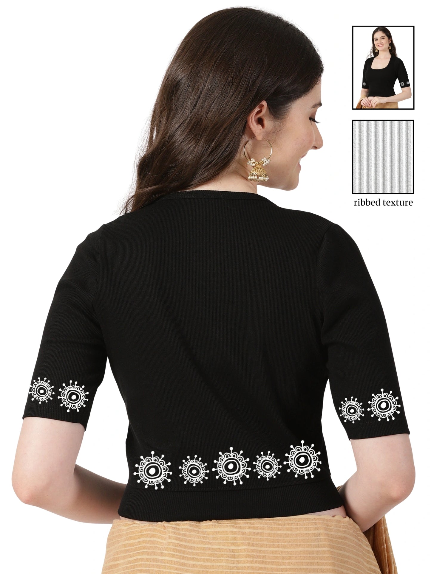 Women Stretchable Rib Square Neck Puff Sleeve Blouse Back Print U0244 Black