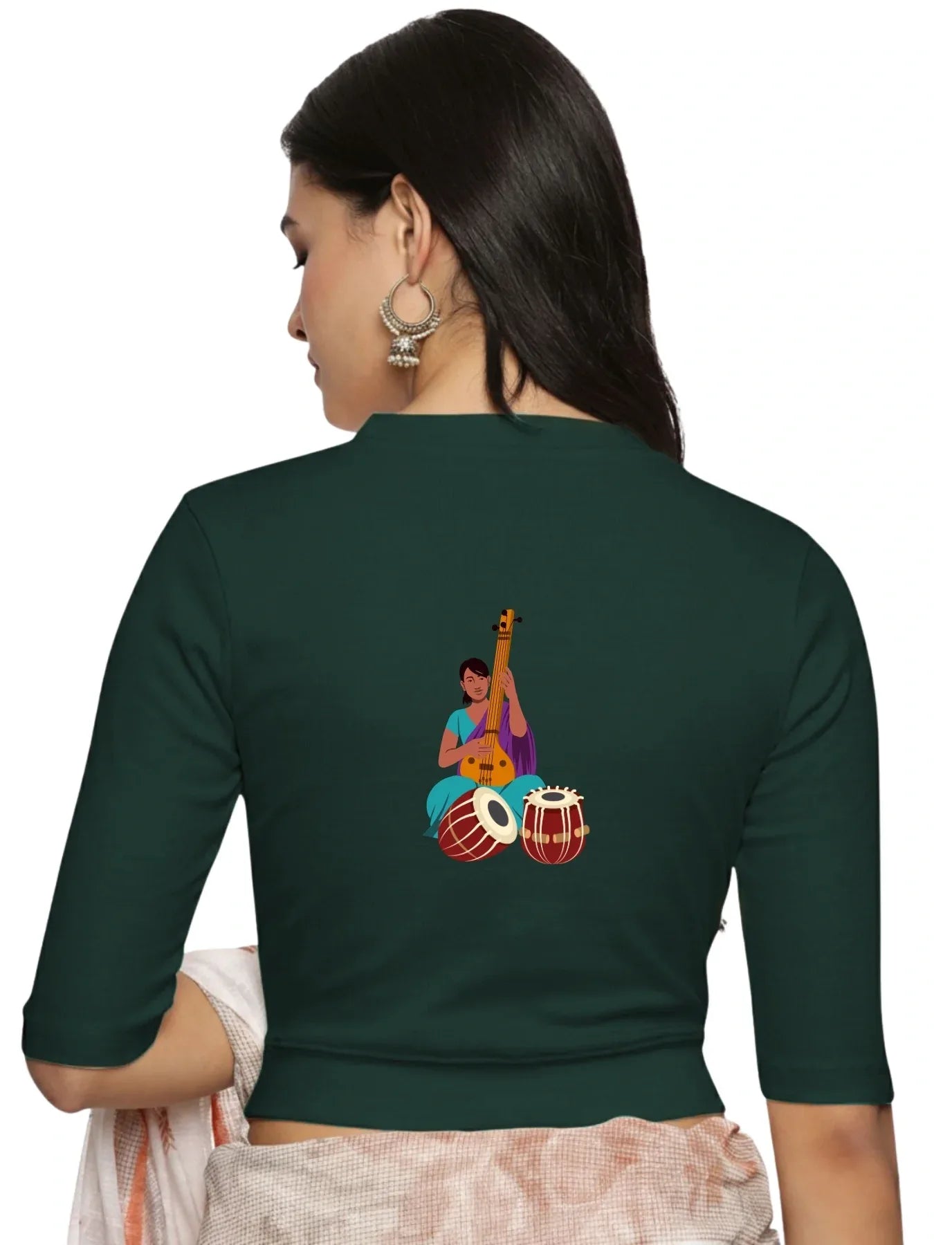 Women Back Printed Stretchable Elbow Sleeve RIB Blouse U0172 - notyetbyus