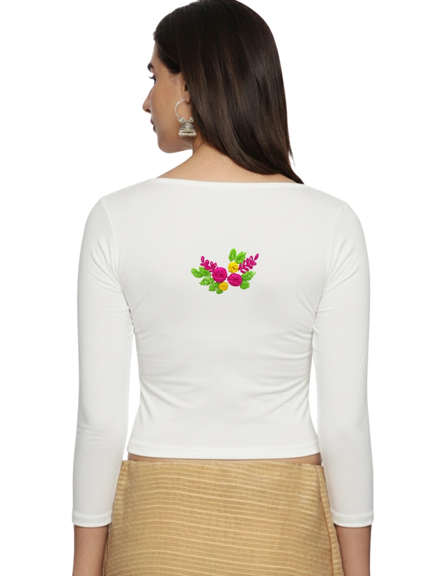 DIY Embroidery Kit with Women Stretchable Three Fourth Sleeve Blouse E01 – White