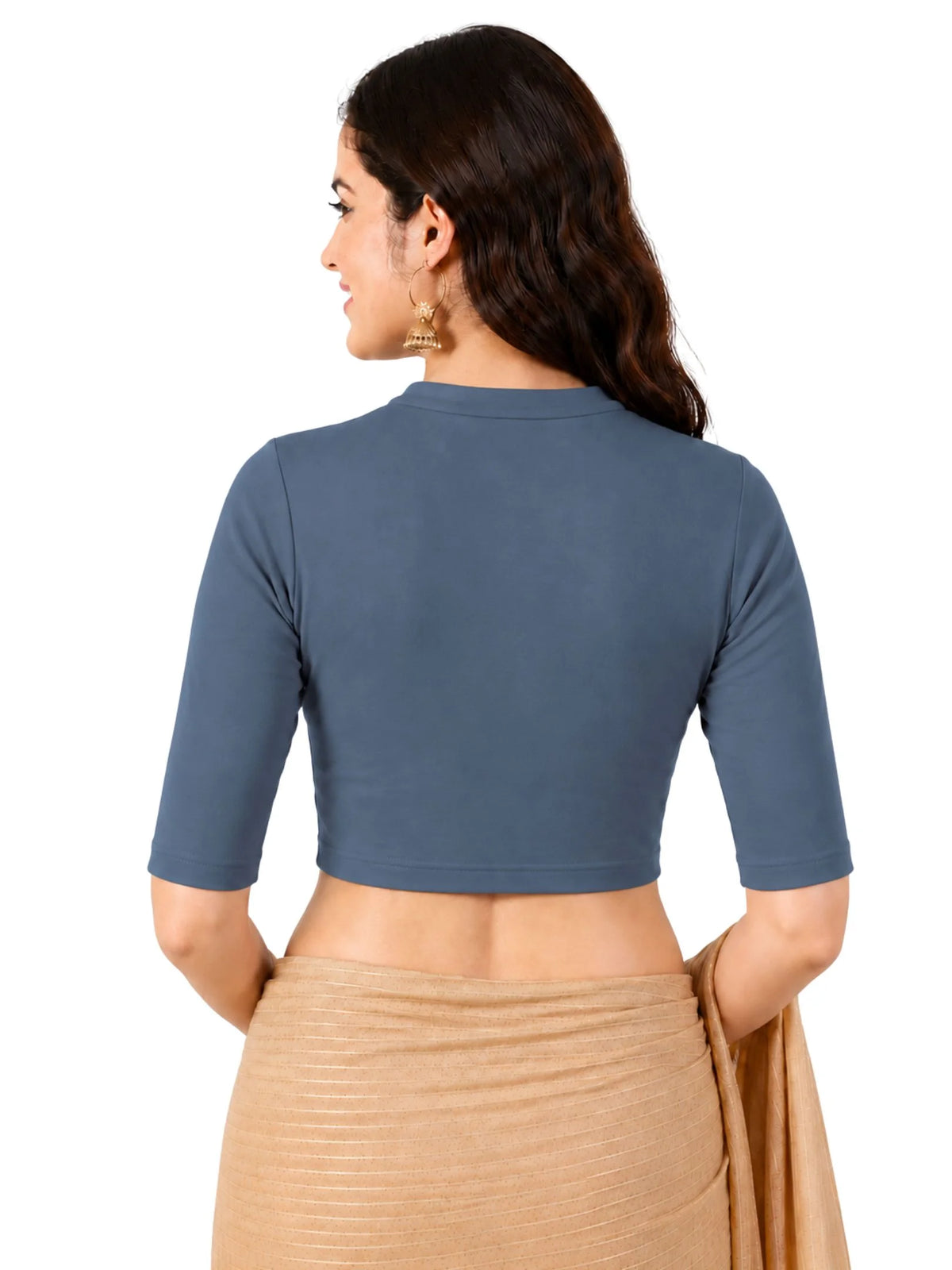 Women Mandarin Collar Plain Stretchable Elbow Sleeve Blouse U0271 Elephant Grey