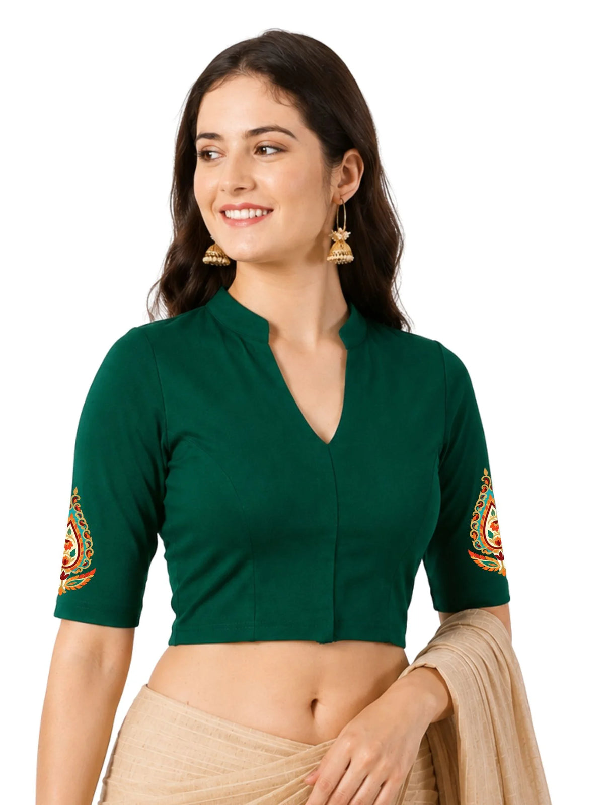 Women Mandarin Collar Back Printed Stretchable Elbow Sleeve Blouse U0279 Bottle Green