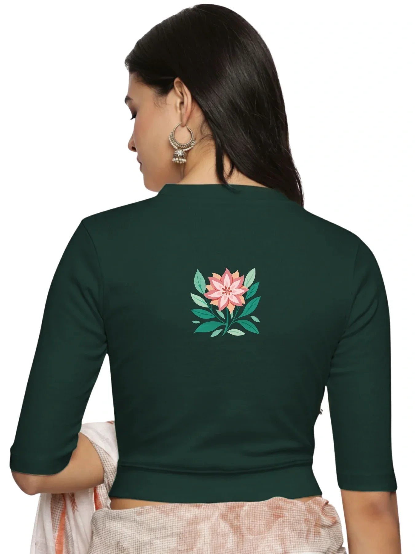 Women Back Printed Stretchable Elbow Sleeve RIB Blouse U0155 - notyetbyus