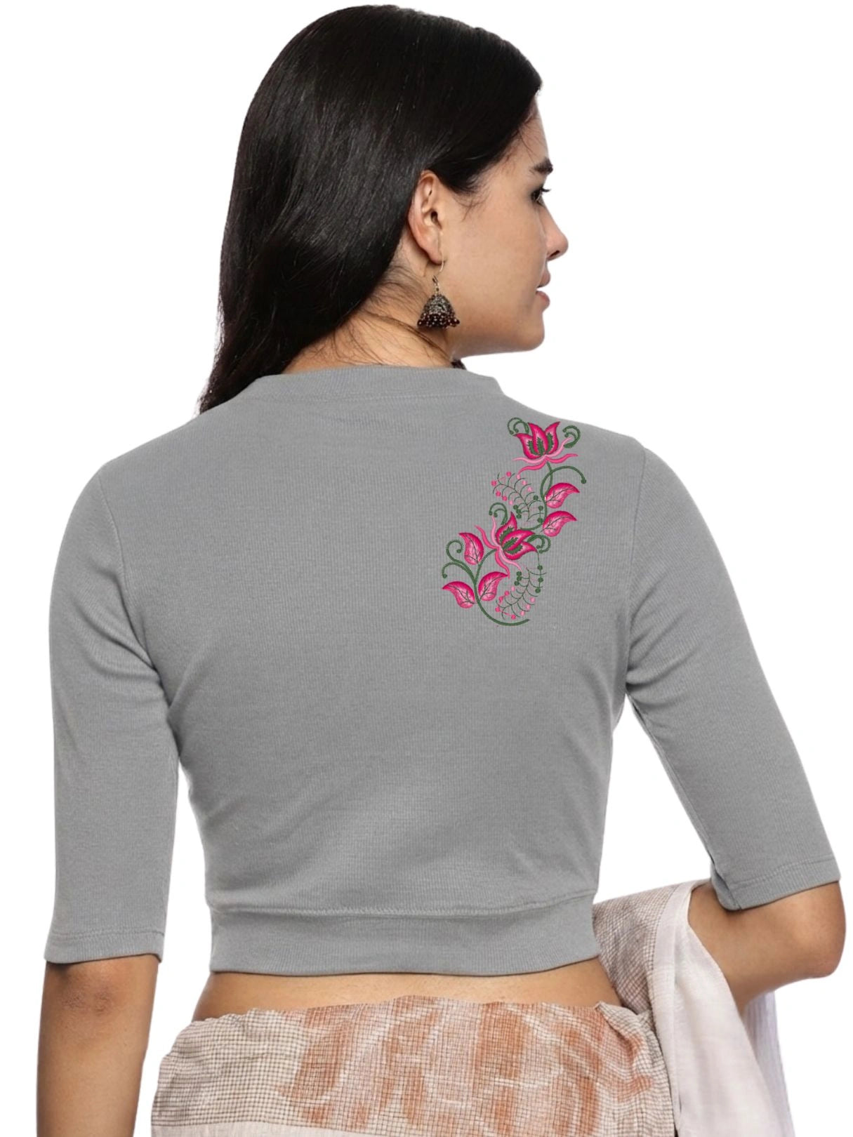 Women Back Printed Stretchable Elbow Sleeve RIB Blouse U0117 LT Steel Grey